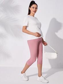 SHEIN Quần Leggings Bà bầu màu trơn Thể thao - Màu Hồng baby - Xem 3