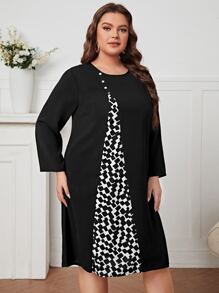 EMERY ROSE Plus Graphic Print Fake Button Tunic Dress - Black - View 1