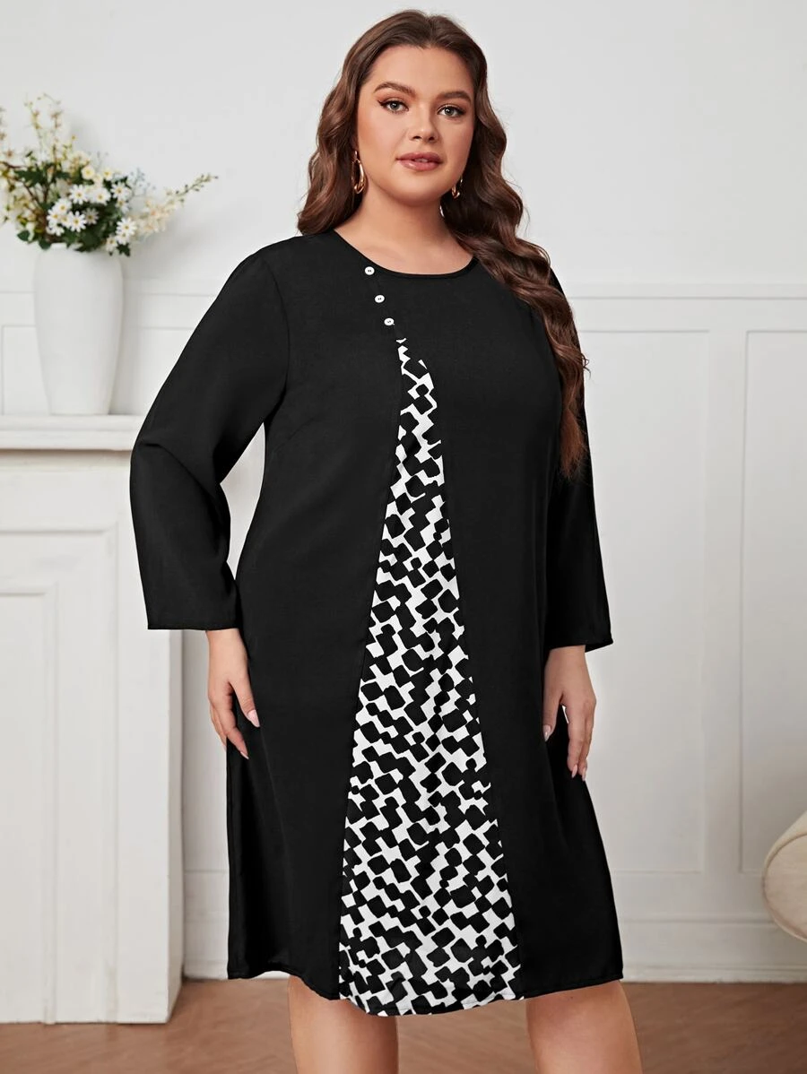 EMERY ROSE Plus Graphic Print Fake Button Tunic Dress - Black - View 1