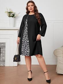 EMERY ROSE Plus Graphic Print Fake Button Tunic Dress - Black - View 3