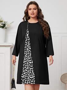 EMERY ROSE Plus Graphic Print Fake Button Tunic Dress - Black - View 4