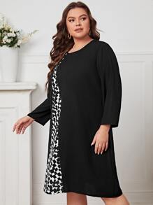 EMERY ROSE Plus Graphic Print Fake Button Tunic Dress - Black - View 5