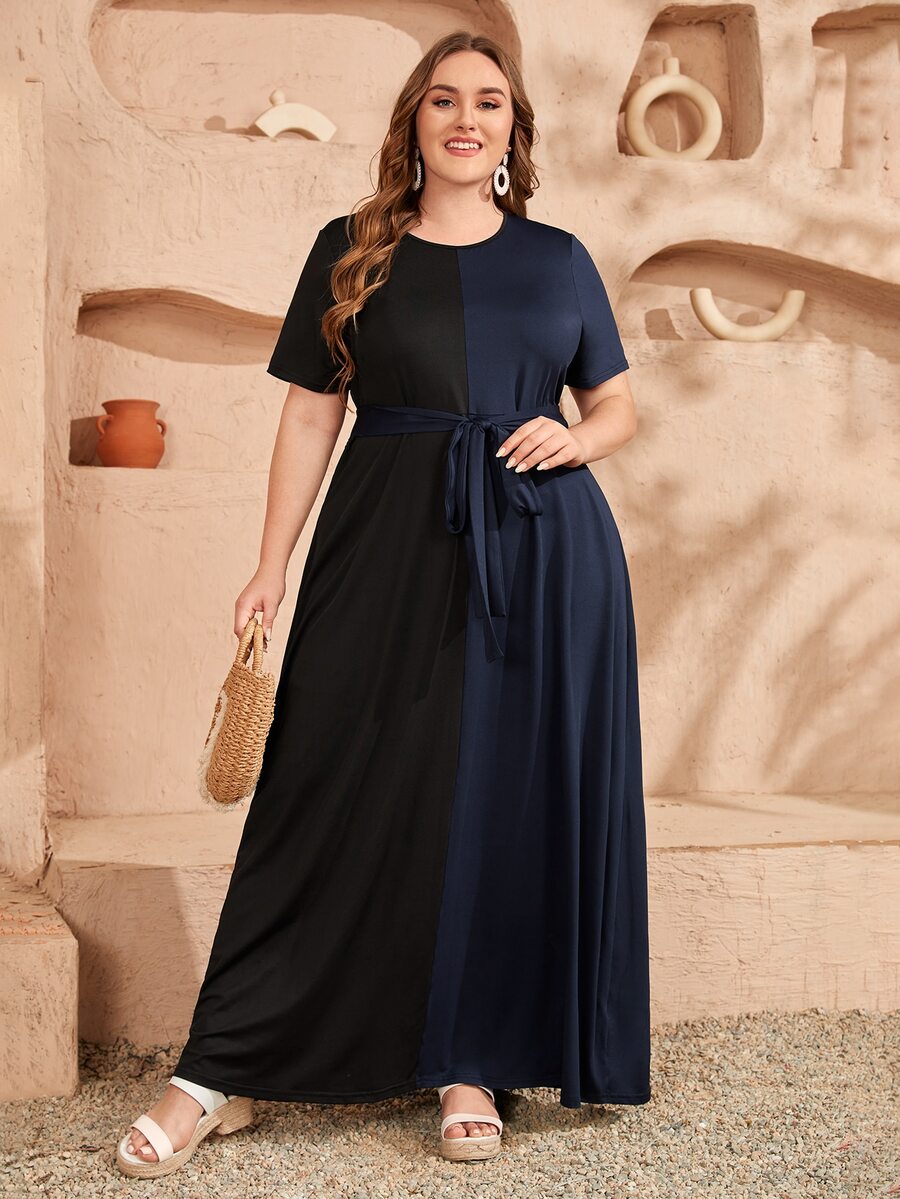 Váy hai tông màu cỡ lớn có thắt lưng - Nhiều màu - Xem 1