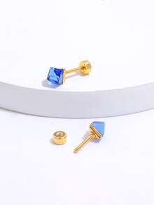 方晶鋯石裝飾耳釘 - 金黃色 - 查看 3