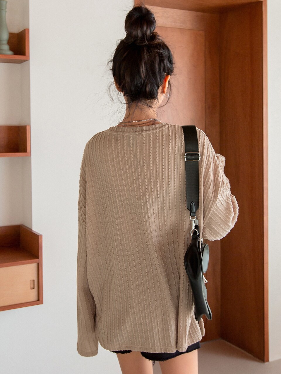 Letter Embroidery Drop Shoulder Cable Textured Tee