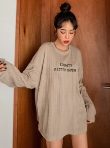 DAZY 信封刺繡下垂肩電纜紋紗短袖t恤 - 卡其色 - 查看 3