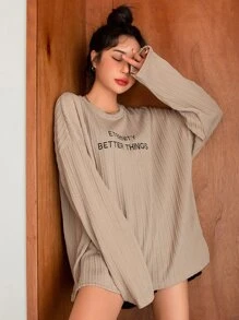 DAZY 信封刺繡下垂肩電纜紋紗短袖t恤 - 卡其色 - 查看 4