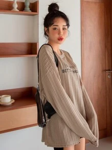 DAZY 信封刺繡下垂肩電纜紋紗短袖t恤 - 卡其色 - 查看 5