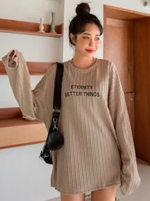 DAZY 信封刺繡下垂肩電纜紋紗短袖t恤 - 卡其色 - 查看 6