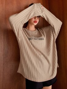 DAZY 信封刺繡下垂肩電纜紋紗短袖t恤 - 卡其色 - 查看 8