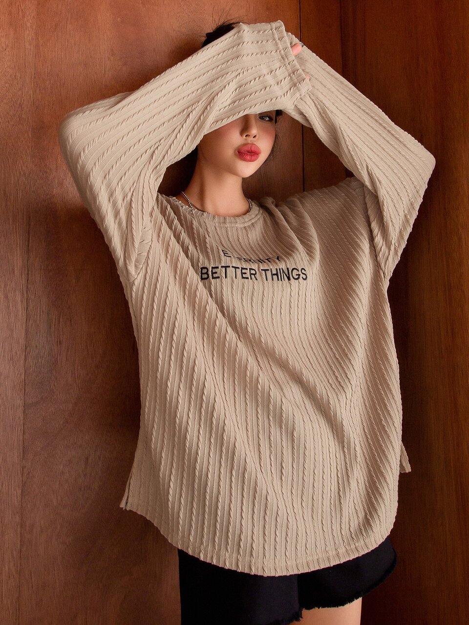 Letter Embroidery Drop Shoulder Cable Textured Tee