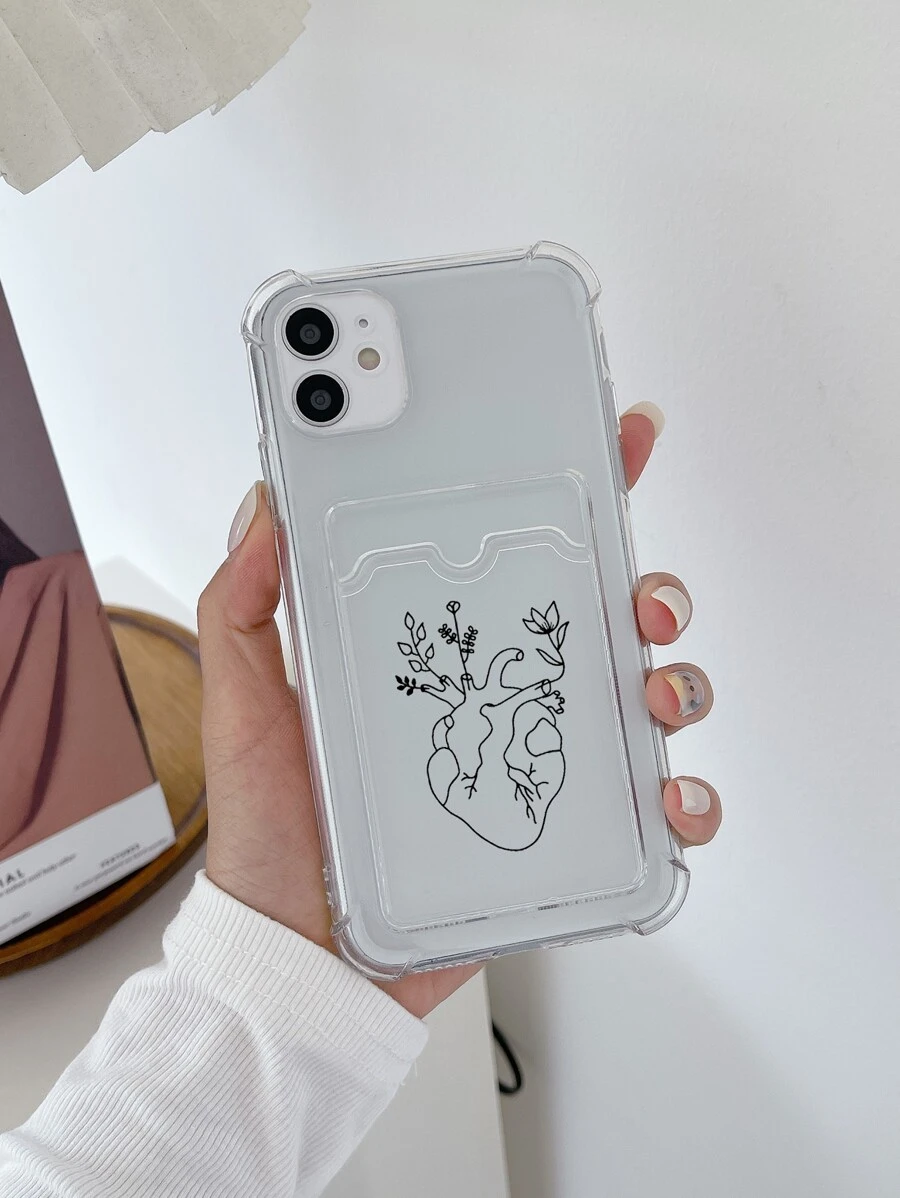 半透明TPU心形图案印花手机壳，四角防摔带卡槽，兼容、三星、红米、Pixel手机，国际版，非国内版 - 彩色 - 查看 1