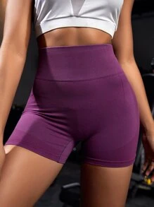 Yoga Basic 緊縮褶皺臀部寬腰帶騎行褲 - 紫色 - 查看 3