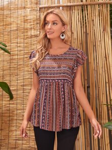 EMERY ROSE Striped Pattern Butterfly Sleeve Peplum Top - Multicolor - View 1