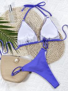 环扣吊带微三角比基尼套装，适合夏季海滩度假 - 紫色 - 查看 2