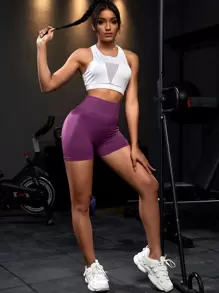 Yoga Basic 緊縮褶皺臀部寬腰帶騎行褲 - 紫色 - 查看 6