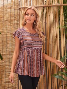 EMERY ROSE Striped Pattern Butterfly Sleeve Peplum Top - Multicolor - View 3