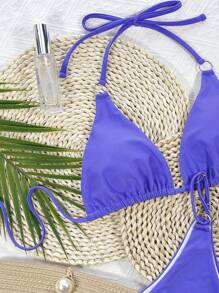 环扣吊带微三角比基尼套装，适合夏季海滩度假 - 紫色 - 查看 3