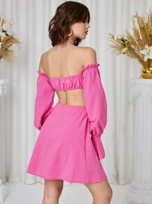SHEIN VCAY Vestido de hombros descubiertos de manga campana de espalda abierta - Rosa - Ver 2