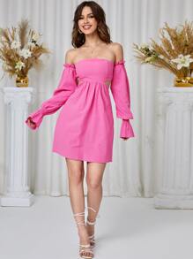SHEIN VCAY Vestido de hombros descubiertos de manga campana de espalda abierta - Rosa - Ver 4