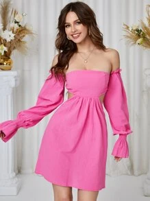 SHEIN VCAY Vestido de hombros descubiertos de manga campana de espalda abierta - Rosa - Ver 6