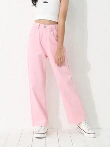 Girls Solid Straight Leg Jeans - Baby Pink - View 1