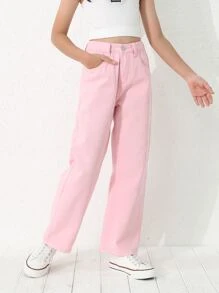 Girls Solid Straight Leg Jeans - Baby Pink - View 3