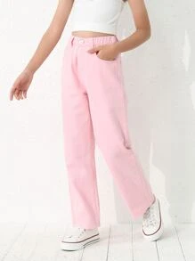 Girls Solid Straight Leg Jeans - Baby Pink - View 5