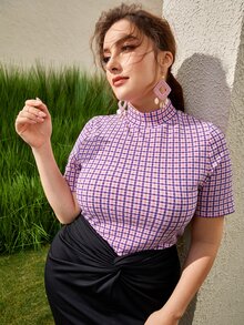 SHEIN Áo thun Plus size Sọc ca rô Thanh lịch - Nhiều màu - Xem 2