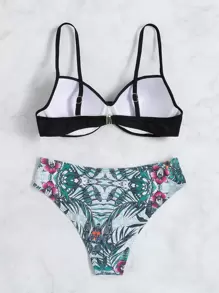 SHEIN Swim Summer Beach Tropical Print Push Up Bikini - Black - View 2