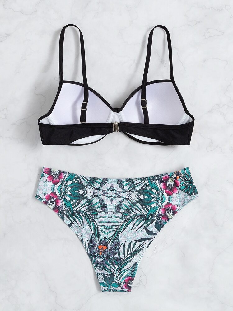 SHEIN Swim Bikini push up con estampado tropical para playa de verano - Negro - Añade 2