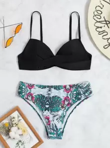 SHEIN Swim Summer Beach Tropical Print Push Up Bikini - Black - View 3
