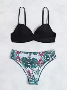 SHEIN Swim Summer Beach Tropical Print Push Up Bikini - Black - View 4