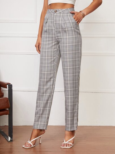 SHEIN Tall High Waist Plaid Slant Pockets Pants