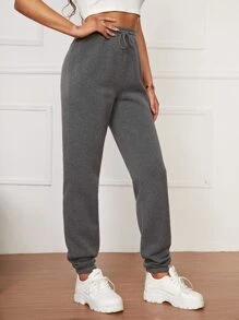 SHEIN Tall Solid Drawstring Waist Joggers - Dark Grey - View 3