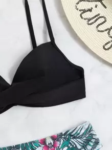 SHEIN Swim Summer Beach Tropical Print Push Up Bikini - Black - View 6