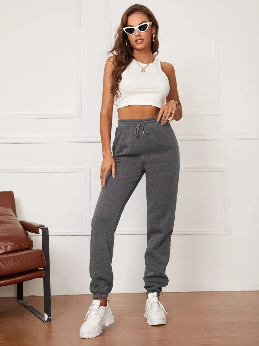 SHEIN Tall Solid Drawstring Waist Joggers - Dark Grey - View 1