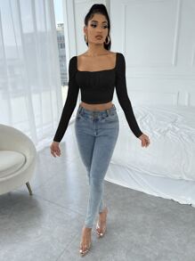 RueChic Square Neck Ruched Bust Crop Tee - Black - View 5