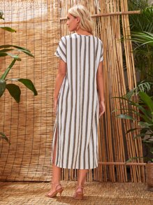 EMERY ROSE Vestido túnico de rayas bajo con abertura - Multicolor - Ver 2