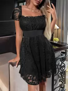 Vestido ribete fruncido pecho con fruncido con encaje - Negro - Ver 1