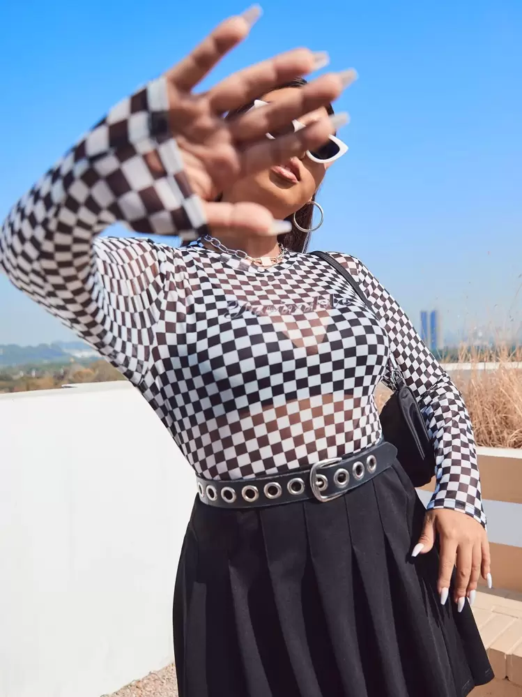 SHEIN Plus Checker Print Semi Sheer Mesh Top | SHEIN USA