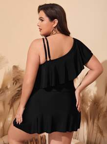 SHEIN Swim Curve Plus Size Tankini Set Ruffle Trim Asymmetrical Swim Dress & Tankini Panty 2 Pieces Swimwear Summer - Black - View 2