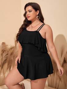 SHEIN Swim Curve Plus Size Tankini Set Ruffle Trim Asymmetrical Swim Dress & Tankini Panty 2 Pieces Swimwear Summer - Black - View 3