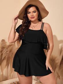 SHEIN Swim Curve Plus Size Tankini Set Ruffle Trim Asymmetrical Swim Dress & Tankini Panty 2 Pieces Swimwear Summer - Black - View 4