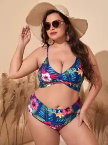 Plus Size Plant Print Twist Bikini Set Summer Beach - Multicolor - View 1