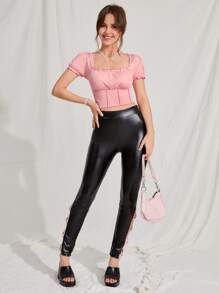 泡泡袖木耳邊方領短款T恤 - 淺粉色 - 查看 5