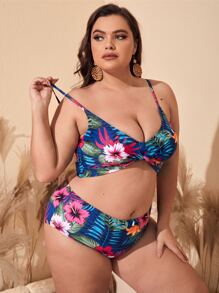 Plus Size Plant Print Twist Bikini Set Summer Beach - Multicolor - View 3