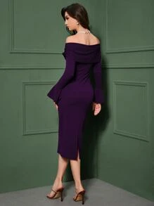 Modelyn Off Shoulder Flounce Sleeve Split Back Dress - Purple - View 2