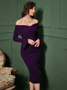 Modelyn Off Shoulder Flounce Sleeve Split Back Dress - Purple - View 6