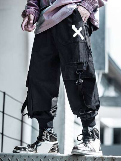 Men Graphic Print Flap Pockets Straps Detail Cargo Pants